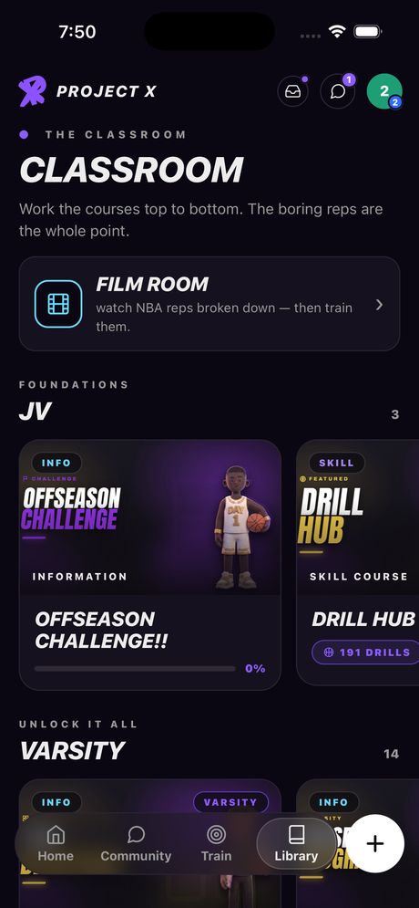 The Classroom: Film Room and the Drill Hub, covering ball handling, shooting and finishing, filmed and sorted.