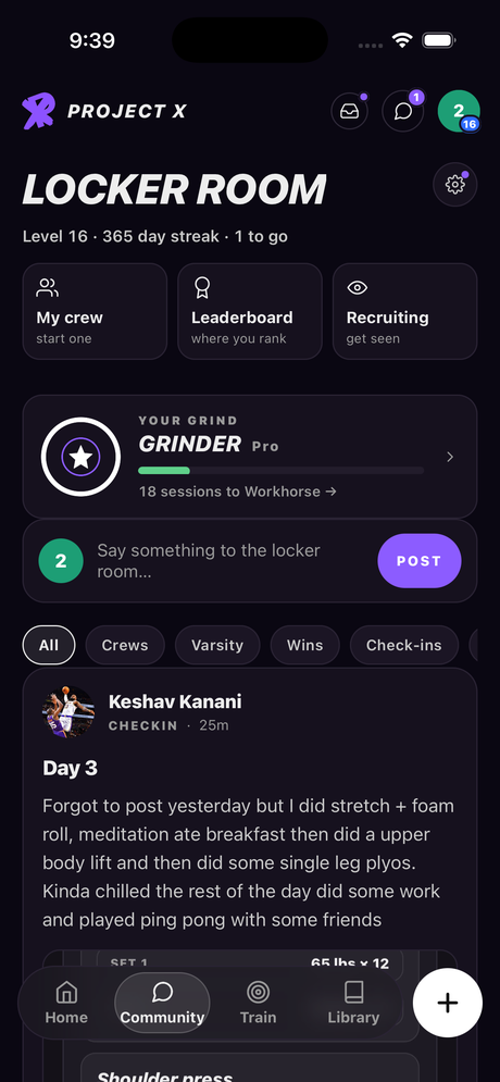 The Locker Room: your grind card with the rank gem, crews, leaderboard, recruiting