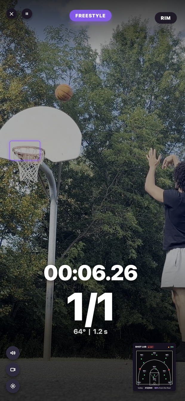 The AI Shot Tracker running outdoors: the rim is locked on inside a purple box while a live Shot Lab chart tracks makes and accuracy in the corner.