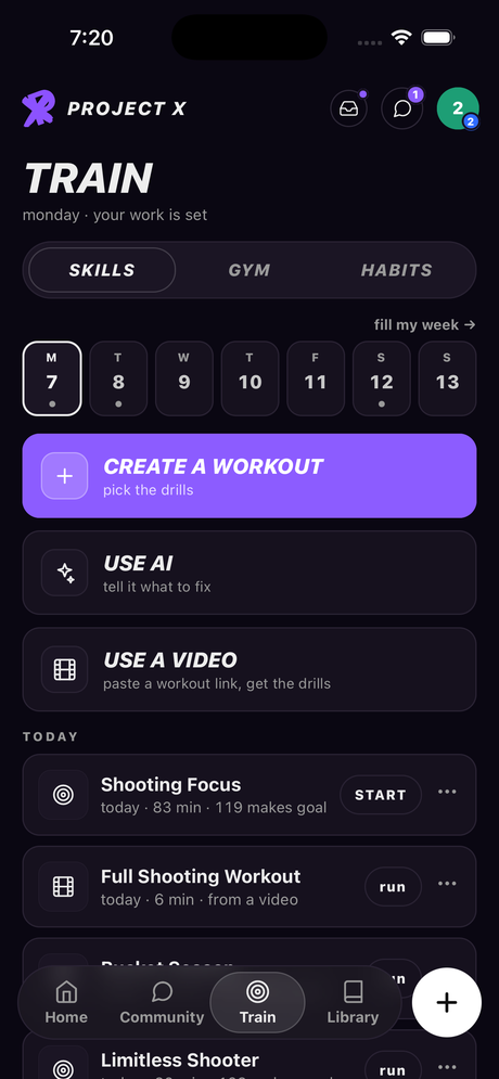 The Train tab: skills, gym and habits laid out by day, with create a workout, use AI or paste a video to build today's session.