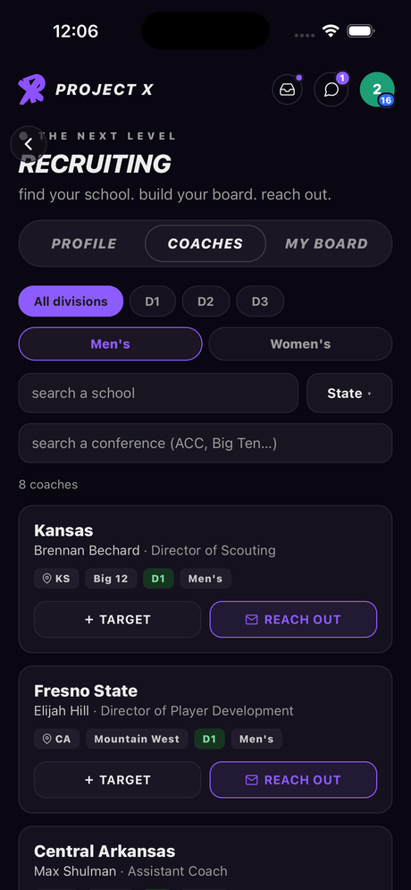 The recruiting directory listing college programs with their head coaches, assistants and recruiting coordinators.