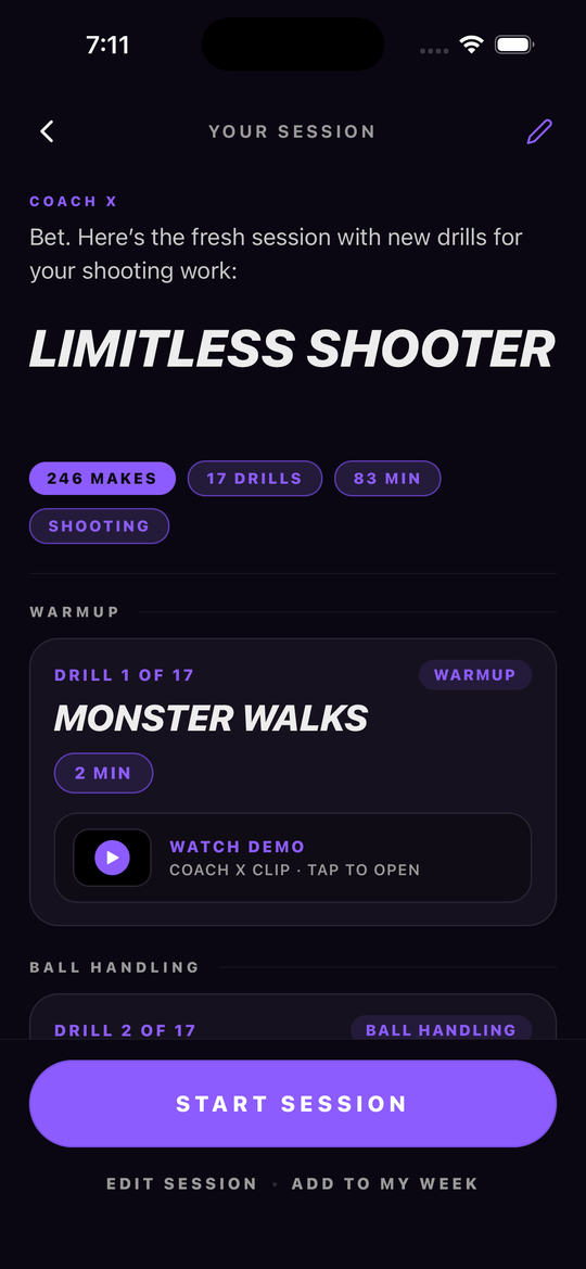 Today's session inside the app: Limitless Shooter, 246 makes, 17 drills, 83 minutes, with a Coach X demo clip on every drill.